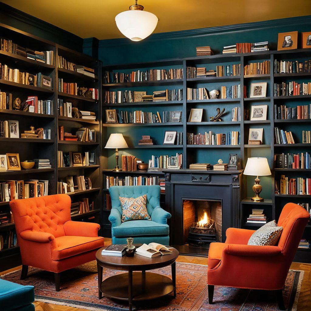 A cozy reading nook filled with colorful bookshelves, comfortable armchairs, and a warm glow from a vintage lamp. In the foreground, a diverse group of enthusiastic readers passionately discussing their favorite books, with open novels strewn about and some authors' portraits on the wall. A steaming cup of coffee rests on a small table, adding to the inviting atmosphere. Soft, inviting colors with a touch of whimsy. illustration. vibrant colors. cozy ambiance.